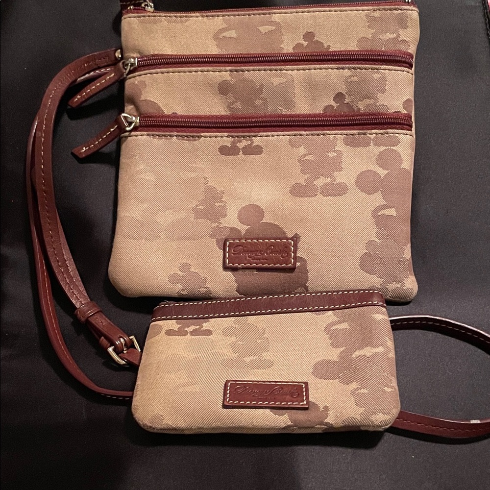 RARE Dooney and Bourke Disneyland Brown Canvas Crossbody and Wristlet Set